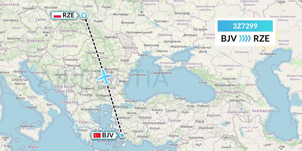 3Z7299 Travel Service Polska Flight Map: Bodrum to Rzeszow