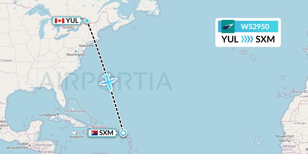 WS2950 WestJet Flight Map: Montreal to Sint Maarten