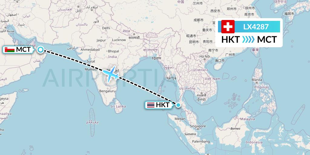 LX4287 Swiss Flight Map: Phuket to Muscat