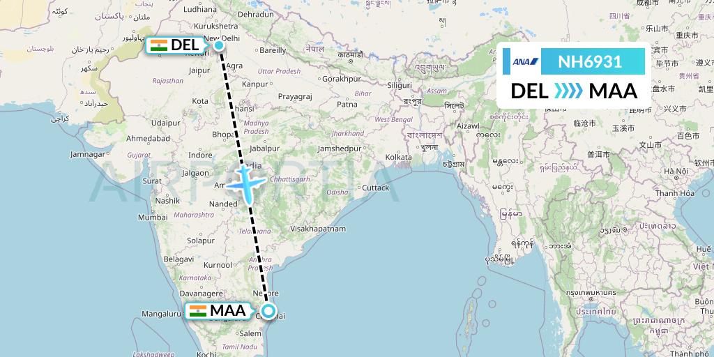 NH6931 All Nippon Airways Flight Map: Delhi to Chennai
