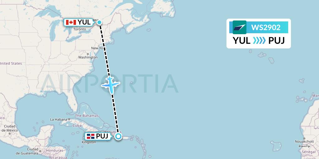 WS2902 WestJet Flight Map: Montreal to Punta Cana