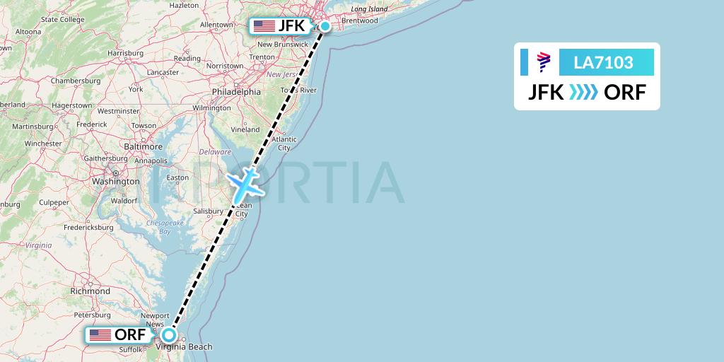 LA7103 LAN Airlines Flight Map: New York to Norfolk