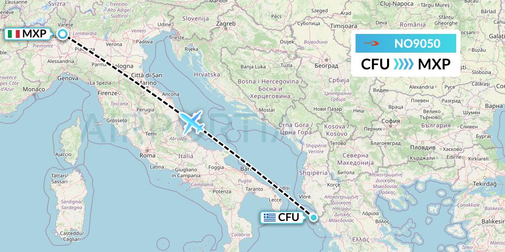 NO9050 Neos Flight Map: Corfu to Milan
