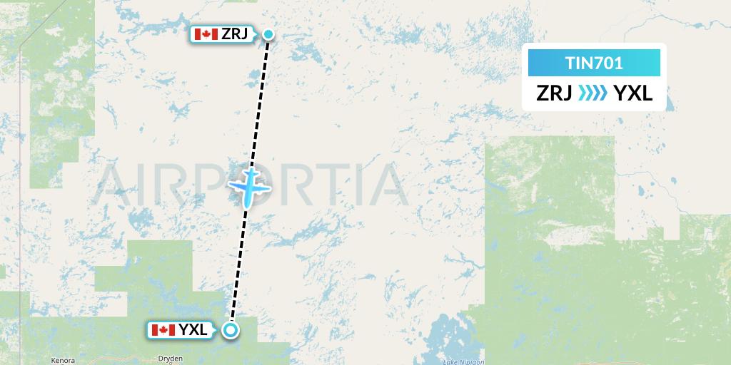 TIN701 Air Tindi Flight Map: Round Lake to Sioux Lookout