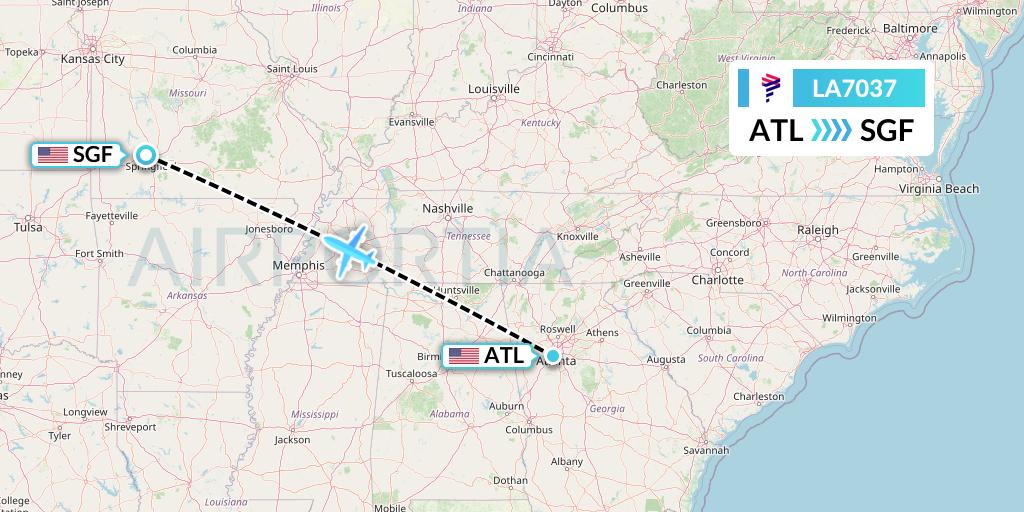 LA7037 LAN Airlines Flight Map: Atlanta to Springfield
