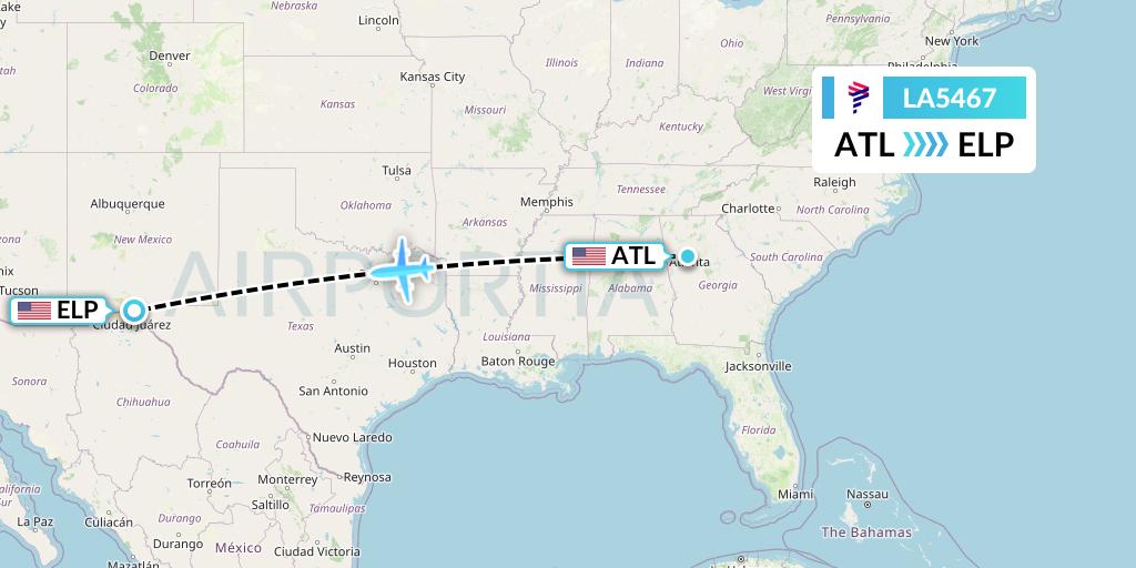 LA5467 LAN Airlines Flight Map: Atlanta to El Paso