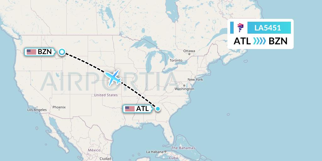 LA5451 LAN Airlines Flight Map: Atlanta to Bozeman
