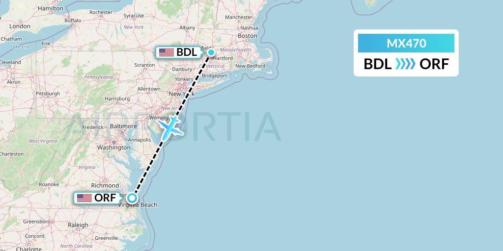 MX470 Breeze Airways Flight Map: Windsor Locks to Norfolk