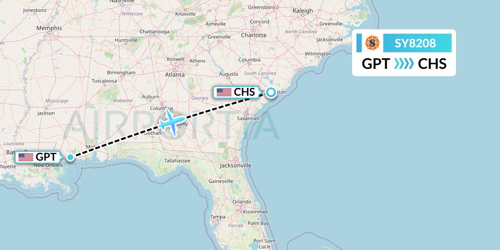SY8208 Sun Country Airlines Flight Map: Gulfport to Charleston