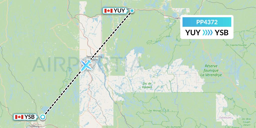 PP4372 Jet Aviation Business Jets Flight Map: Rouyn to Sudbury
