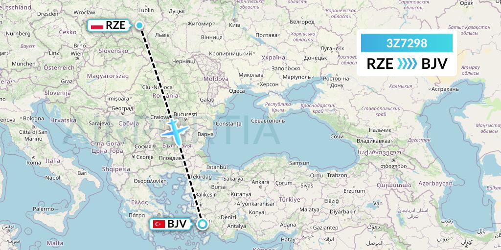 3Z7298 Travel Service Polska Flight Map: Rzeszow to Bodrum