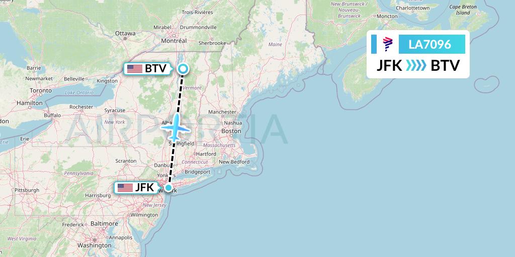 LA7096 LAN Airlines Flight Map: New York to Burlington