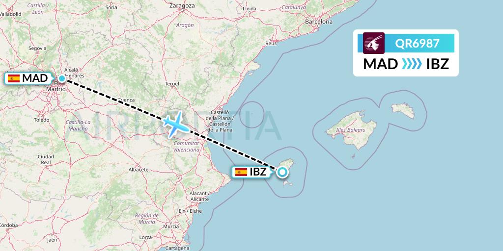 QR6987 Qatar Airways Flight Map: Madrid to Ibiza