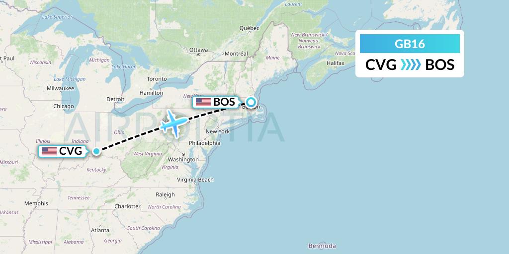 GB16 ABX Air Flight Map: Cincinnati to Boston
