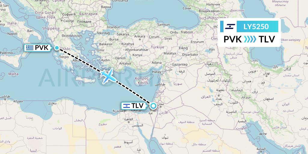 LY5250 El Al Flight Map: Preveza to Tel Aviv