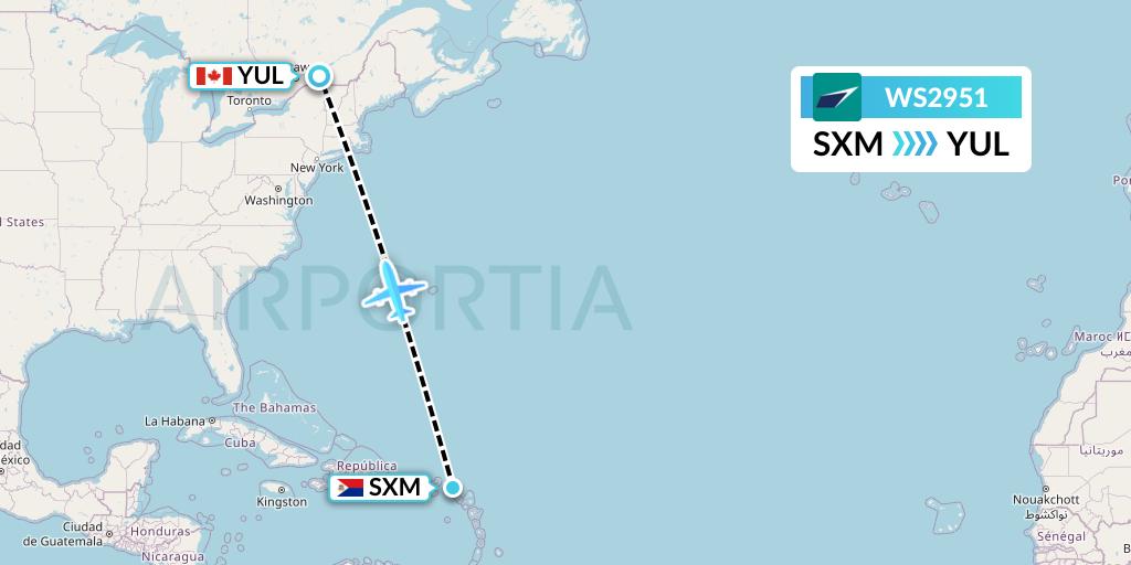 WS2951 WestJet Flight Map: Sint Maarten to Montreal