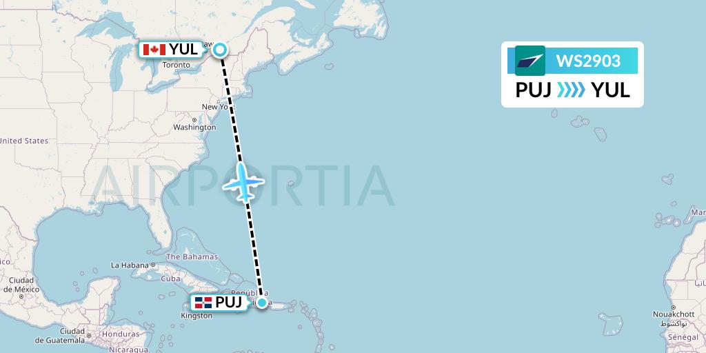 WS2903 WestJet Flight Map: Punta Cana to Montreal