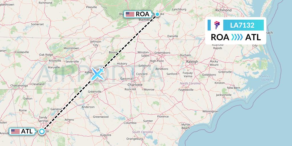 LA7132 LAN Airlines Flight Map: Roanoke to Atlanta