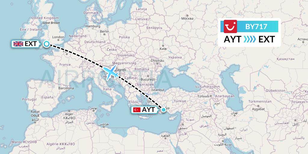 BY717 TUI Airways Flight Map: Antalya to Exeter