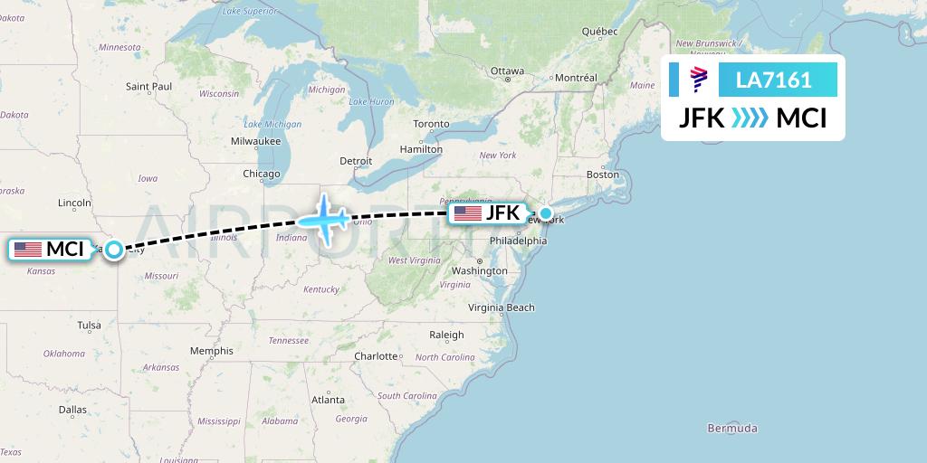LA7161 LAN Airlines Flight Map: New York to Kansas City