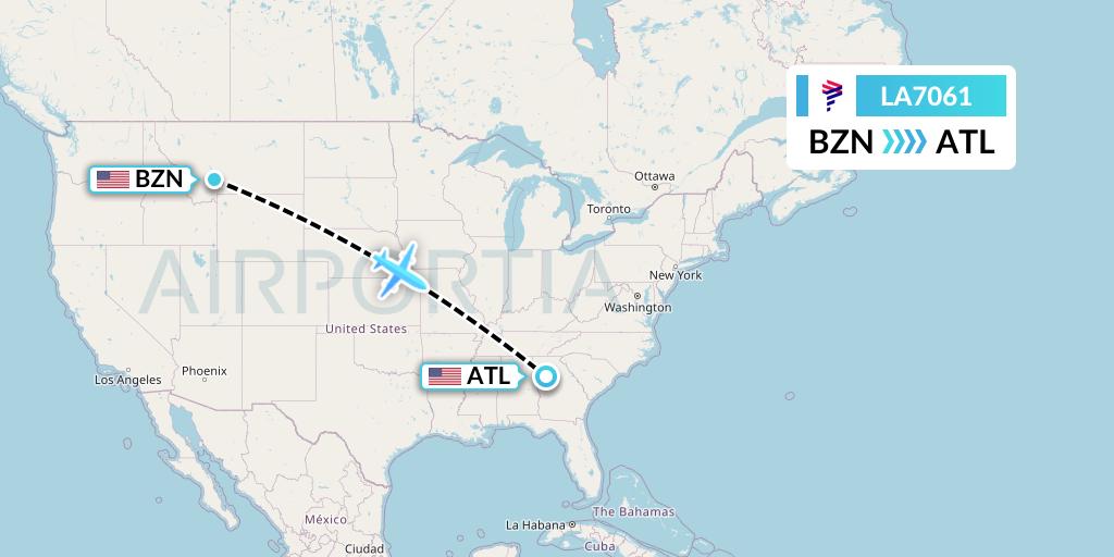 LA7061 LAN Airlines Flight Map: Bozeman to Atlanta