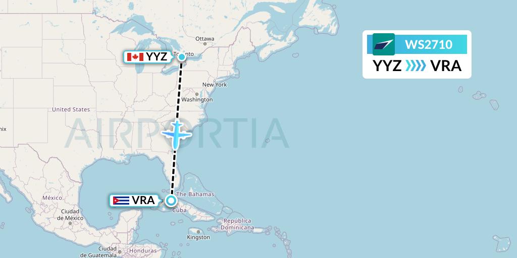 WS2710 WestJet Flight Map: Toronto to Varadero