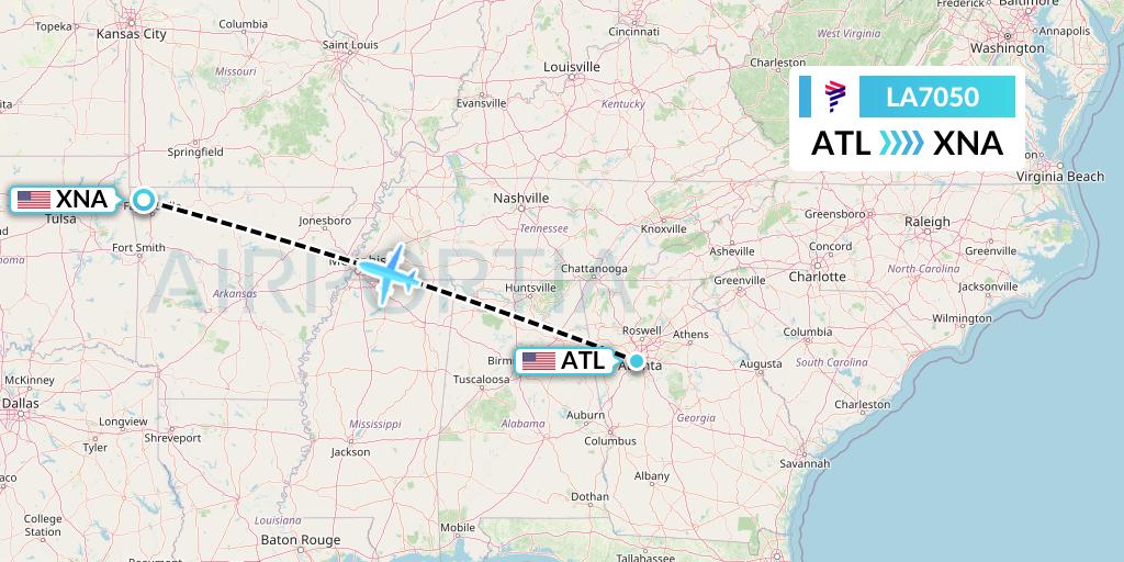 LA7050 LAN Airlines Flight Map: Atlanta to Bentonville