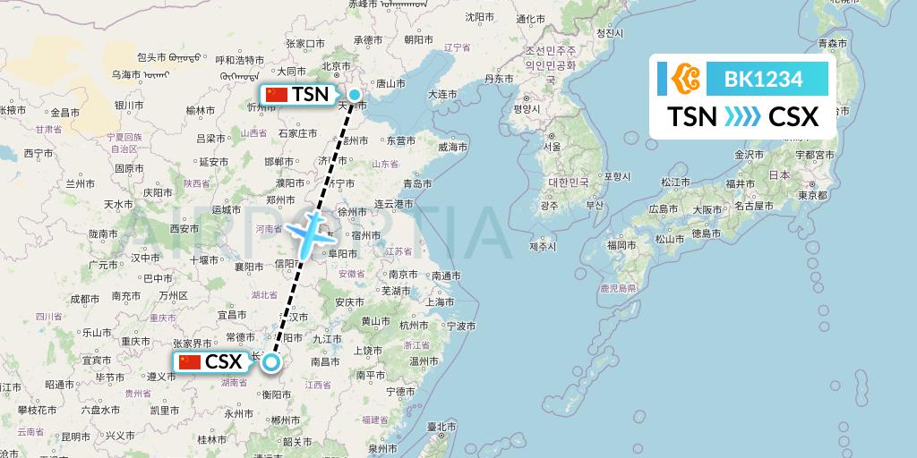 BK1234 Okay Airways Flight Map: Tianjin to Changsha