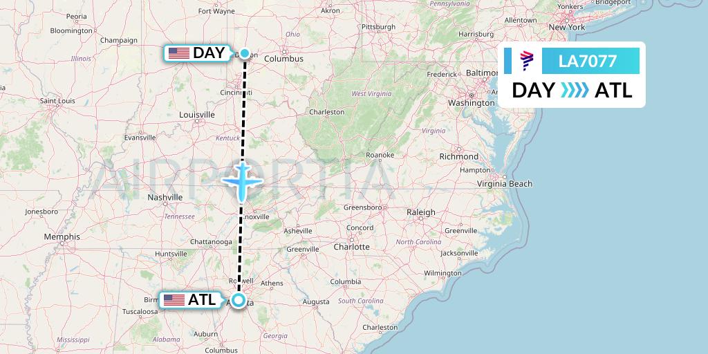 LA7077 LAN Airlines Flight Map: Dayton to Atlanta