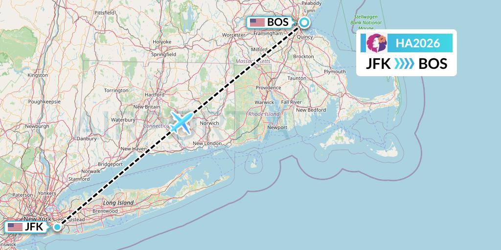 HA2026 Hawaiian Airlines Flight Map: New York to Boston