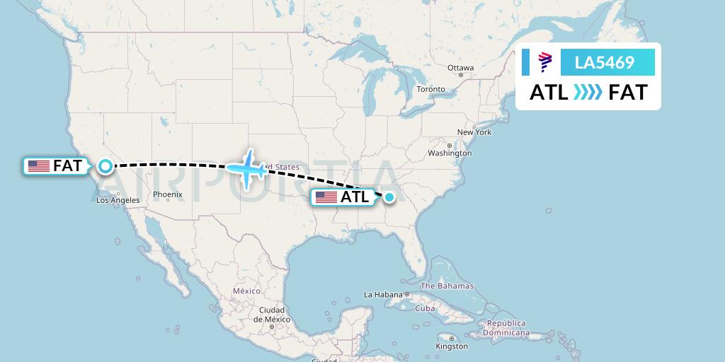 LA5469 LAN Airlines Flight Map: Atlanta to Fresno