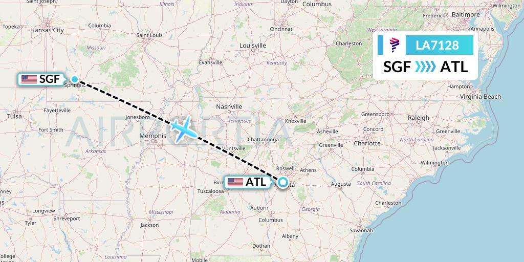 LA7128 LAN Airlines Flight Map: Springfield to Atlanta