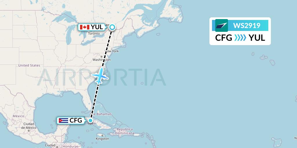 WS2919 WestJet Flight Map: Cienfuegos to Montreal