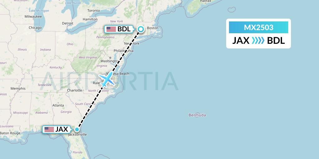 MX2503 Breeze Airways Flight Map: Jacksonville to Windsor Locks