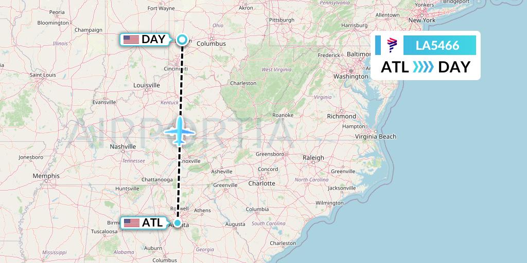 LA5466 LAN Airlines Flight Map: Atlanta to Dayton