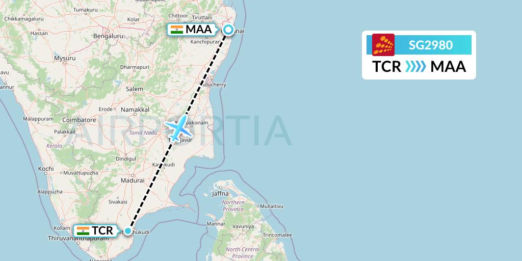 SG2980 SpiceJet Flight Map: Tuticorin to Chennai