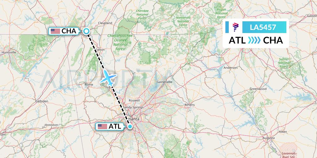 LA5457 LAN Airlines Flight Map: Atlanta to Chattanooga