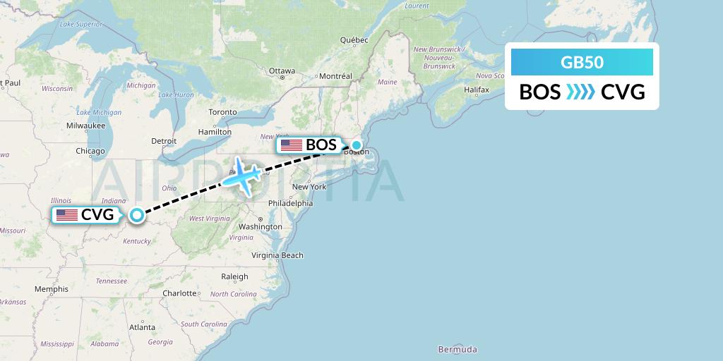 GB50 ABX Air Flight Map: Boston to Cincinnati