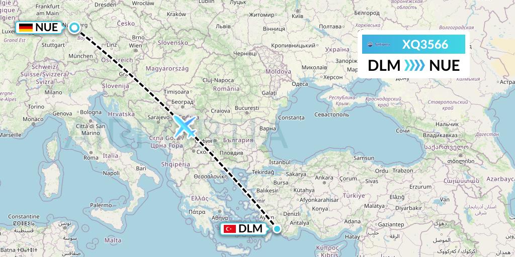 XQ3566 SunExpress Flight Map: Dalaman to Nurnberg