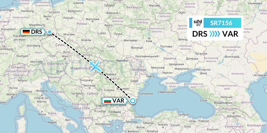 SR7156 SundAir Flight Map: Dresden to Varna