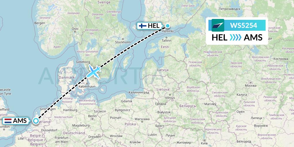 WS5254 WestJet Flight Map: Helsinki to Amsterdam