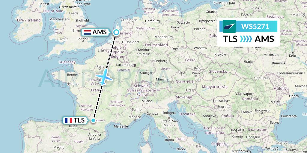 WS5271 WestJet Flight Map: Toulouse to Amsterdam