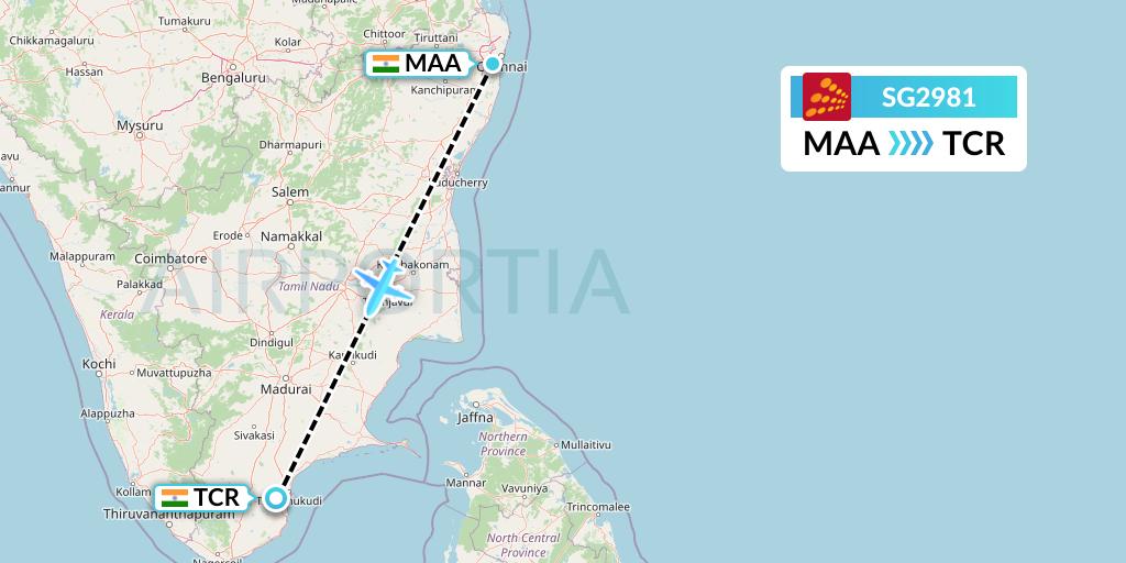 SG2981 SpiceJet Flight Map: Chennai to Tuticorin