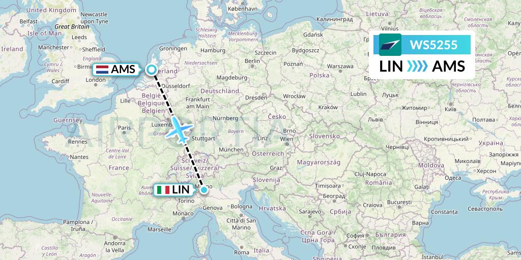 WS5255 WestJet Flight Map: Milan to Amsterdam