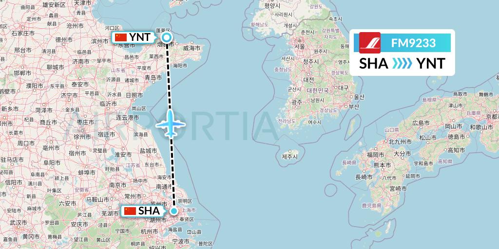 FM9233 Shanghai Airlines Flight Map: Shanghai to Yantai