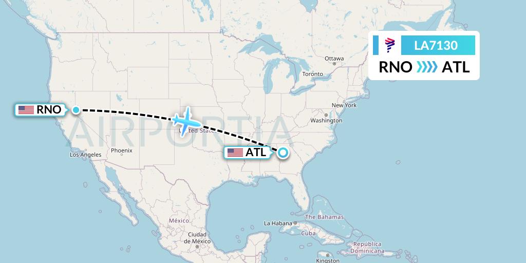 LA7130 LAN Airlines Flight Map: Reno to Atlanta