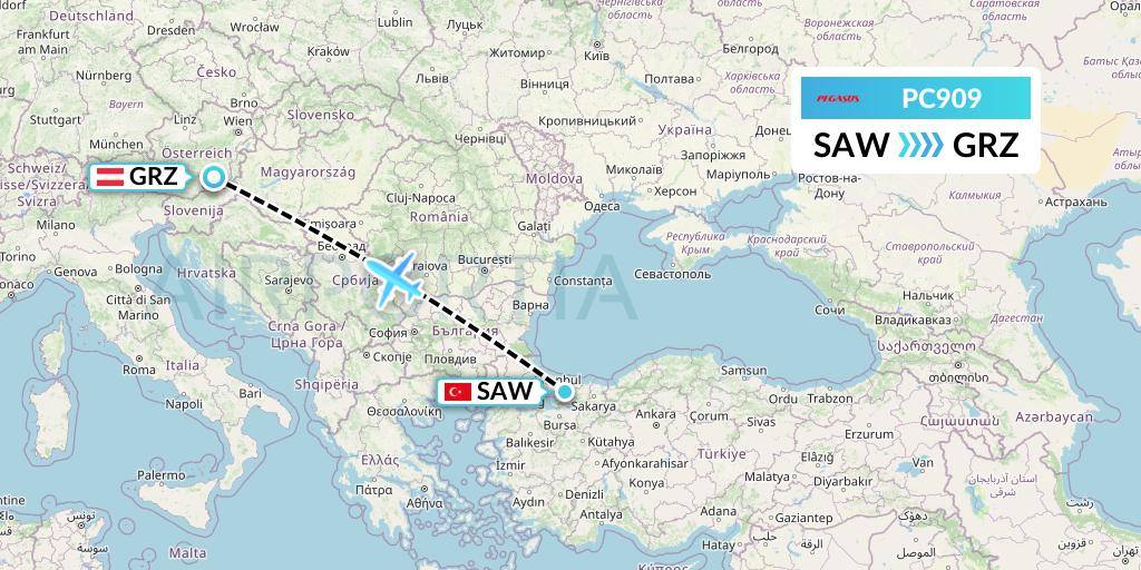 PC909 Pegasus Airlines Flight Map: Istanbul to Graz