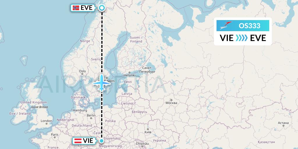 OS333 Austrian Airlines Flight Map: Vienna to Harstad