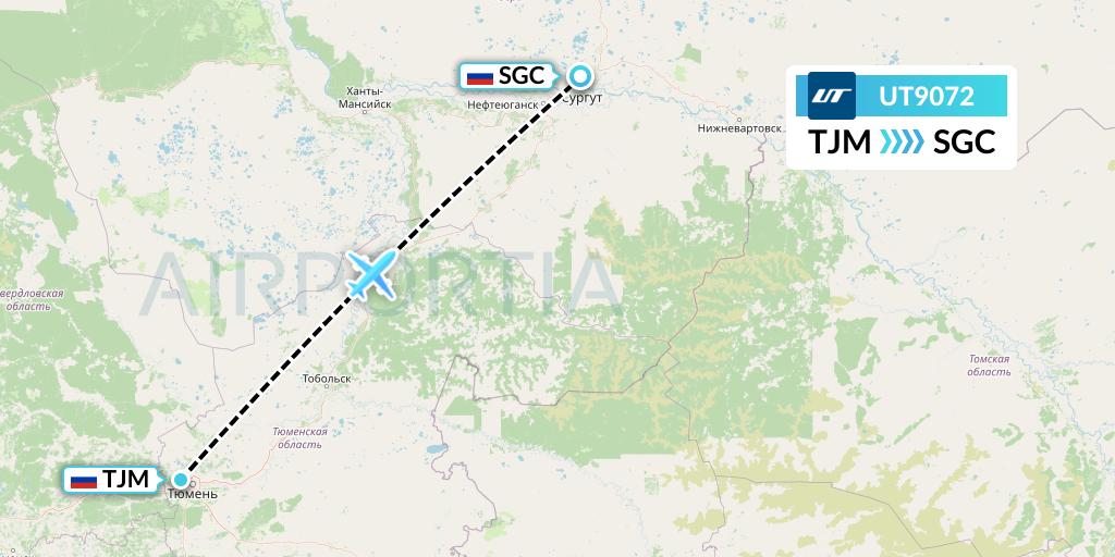 UT9072 UTair Flight Map: Tyumen to Surgut