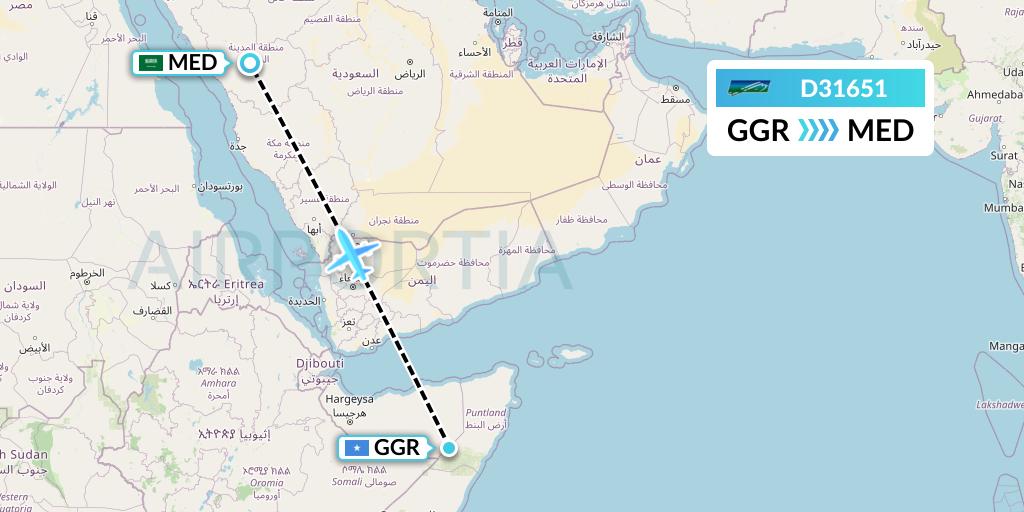 D31651 Daallo Airlines Flight Map: Garoe to Medina